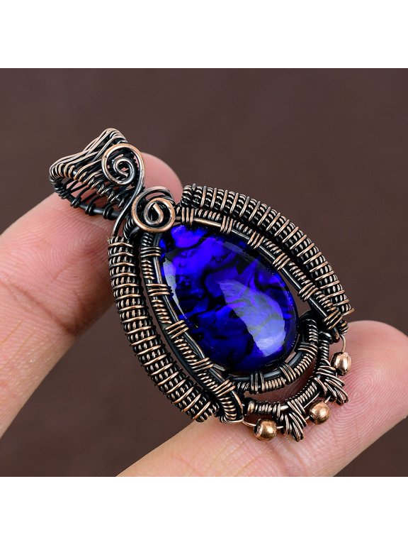 Natural Abalone Shell Triplet Opal Gemstone Copper Wire Wrap Pendant 2.09"