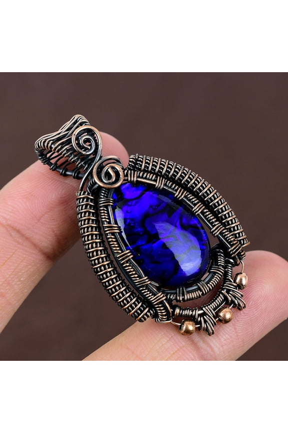 Natural Abalone Shell Triplet Opal Gemstone Copper Wire Wrap Pendant 2.09"