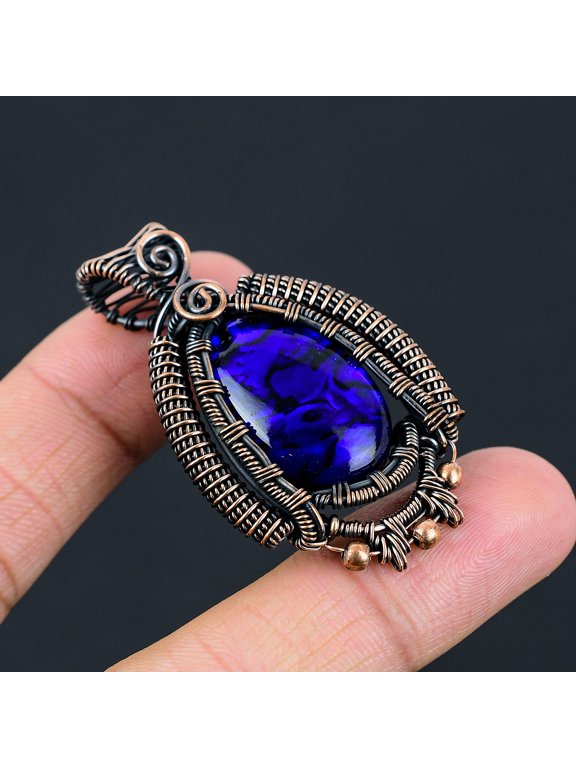Natural Abalone Shell Triplet Opal Gemstone Copper Wire Wrap Pendant 2.09"