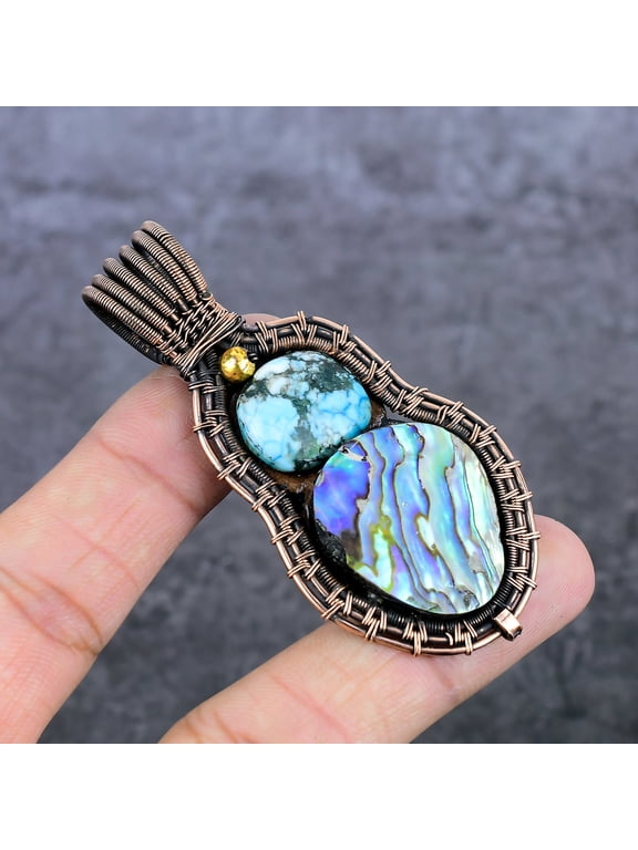 Natural Abalone Shell, Turquoise Copper Wire Wrap Jewelry Pendant 2.96"