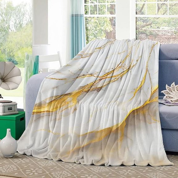 Natural Abstract Fleece Throw Blanket For Couch Flannel Bed Blankets White Marble Stone Cracks Gold Stripe Fuzzy Warm Plush Throws Soft Cozy Blanket For Sofa Travel Camping 30" x 40"