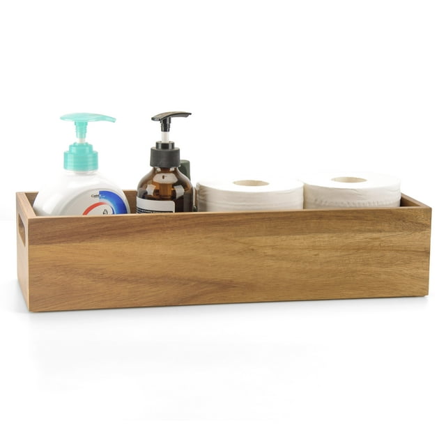 Natural Acacia Hardwood Bathroom Tray with Handles for Organizing