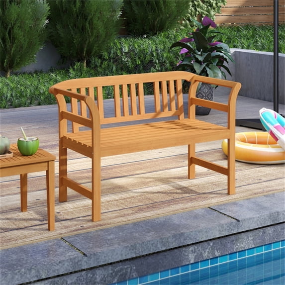 Natural Acacia Wood 2 Person Outdoor Bench 47×20×31 Inch Patio Loveseat with Geometric Backrest 800 LBS Capacity