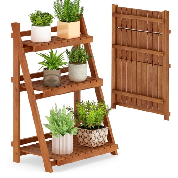 Natural Acacia Wood 3Tier Foldable Ladder Plant Stand PEFCCertified Waterproof Display Rack for Indoor Outdoor Balcony Patio Living Room