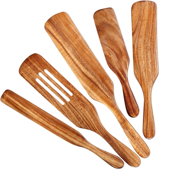 Natural Acacia Wood Heat Resistant Non Stick Spurtle Utensils For Cooking Stirring Mixing Serving 5 Pack