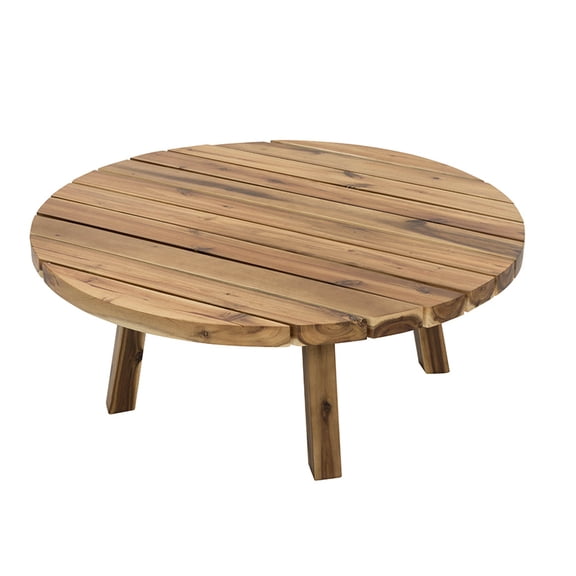 Natural Acacia Wood Round Coffee Table for Living Room, Rustic Farmhouse Solid Wood Center Table with Storage Shelf