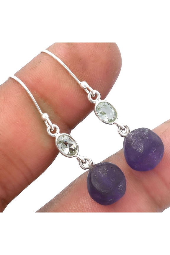 Natural African Amethyst & Prasiolite 925 Sterling Silver Earrings Jewelry SDE62767