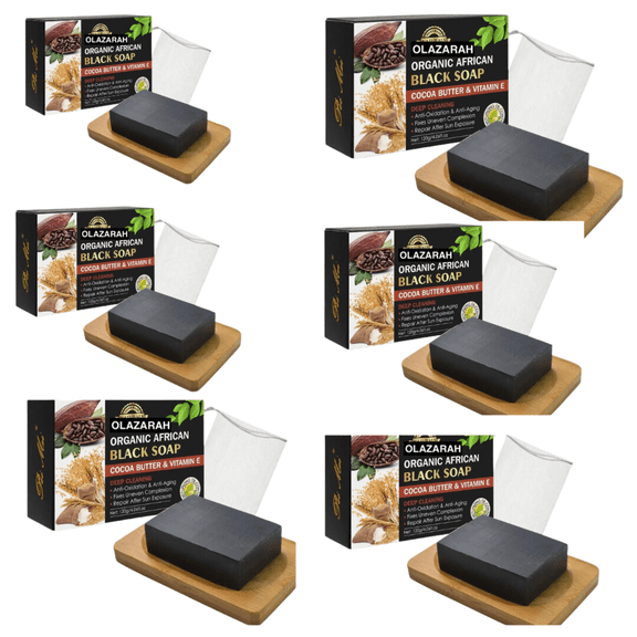 Natural African Black Soap Cocoa Bean Vitamin E Black Soap Body Moisturizing Cleansing Skin Remove Blackheads (6 pkts), 12 oz