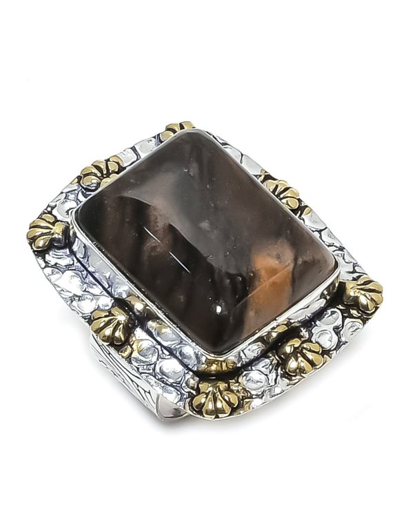 Natural African Moss Gemstone 925 Sterling Silver Two Tone Ring Size 9.5