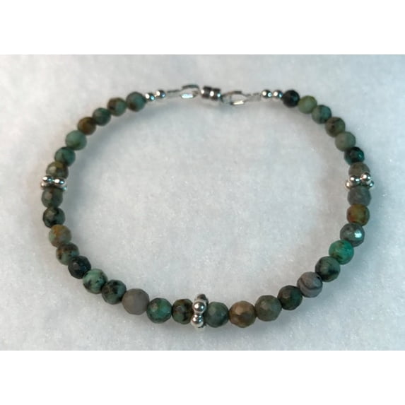 Natural African Turquoise 4mm Round Shape Faceted Cut Gemstone Beads 7 Inch Silver Plated Clasp Bracelet For Men, Women. Natural Gemstone Link Bracelet. | Lcbr_00039