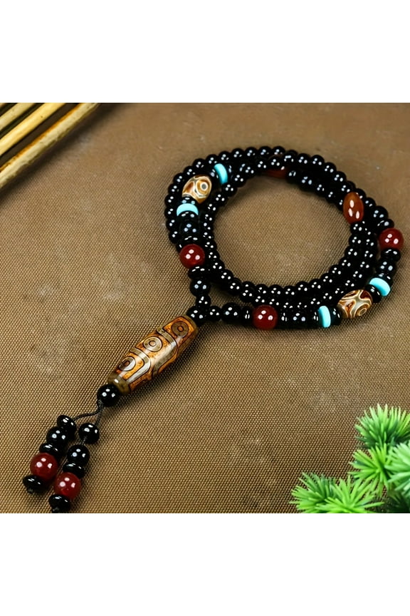 Natural Agate Bead Necklace for Men & Women - Unisex Birthday & Holiday Gift, Casual Attire with Red & Blue Accents, Durable Smooth Finish,Black