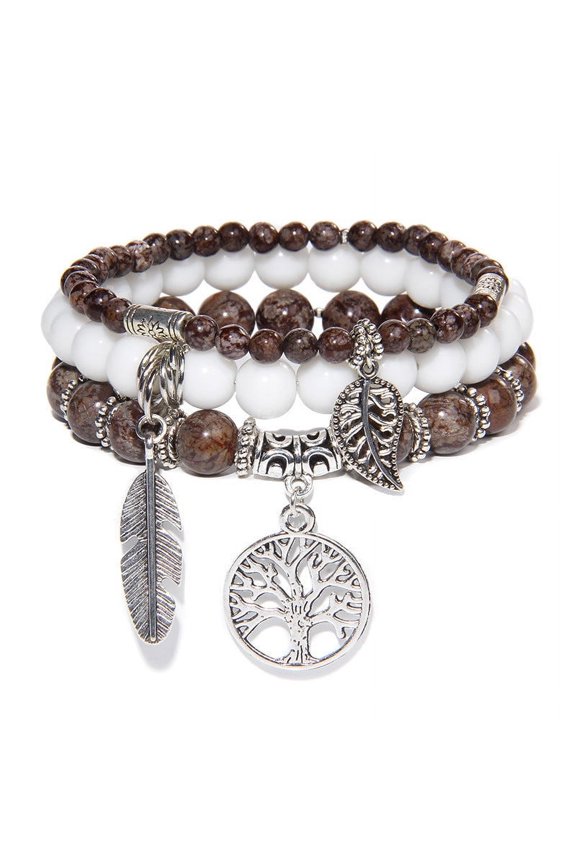 Unisex Agate Beads Bracelet Set with Tree of Life Pendant Bohemian Ethnic Retro Geometric Jewelry Bracelet Combination