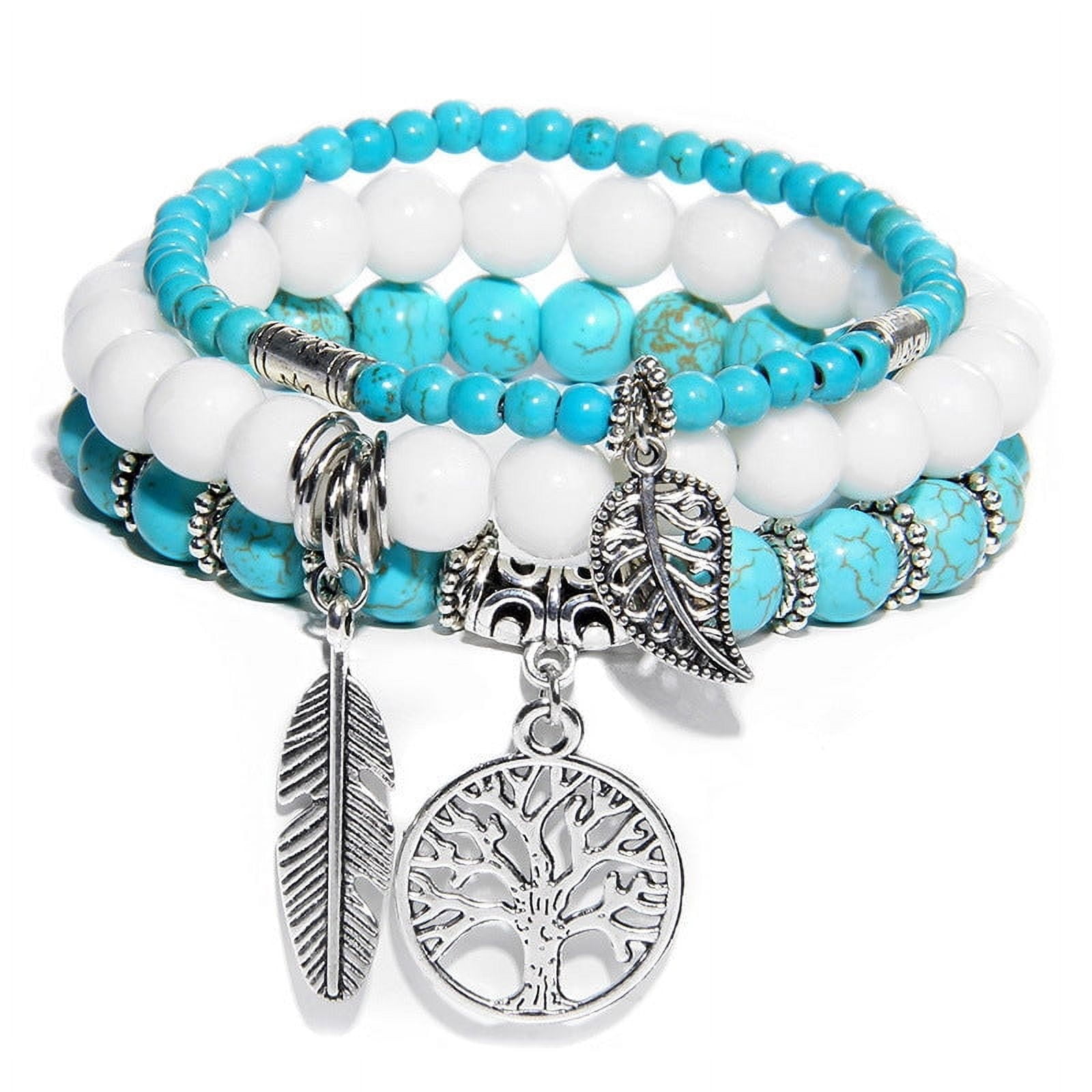 Unisex Agate Beads Bracelet Set with Tree of Life Pendant Bohemian ...