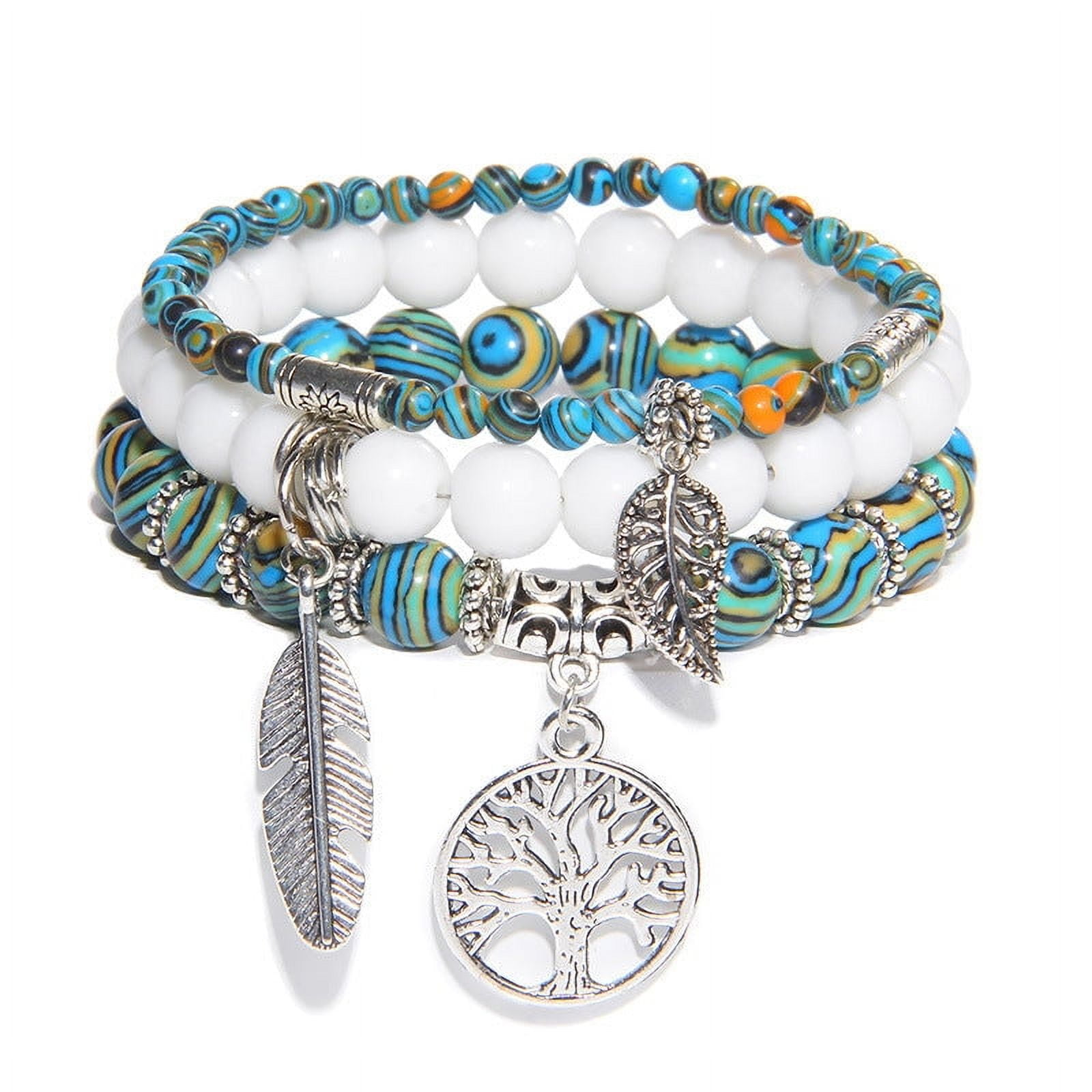 Unisex Agate Beads Bracelet Set with Tree of Life Pendant Bohemian ...