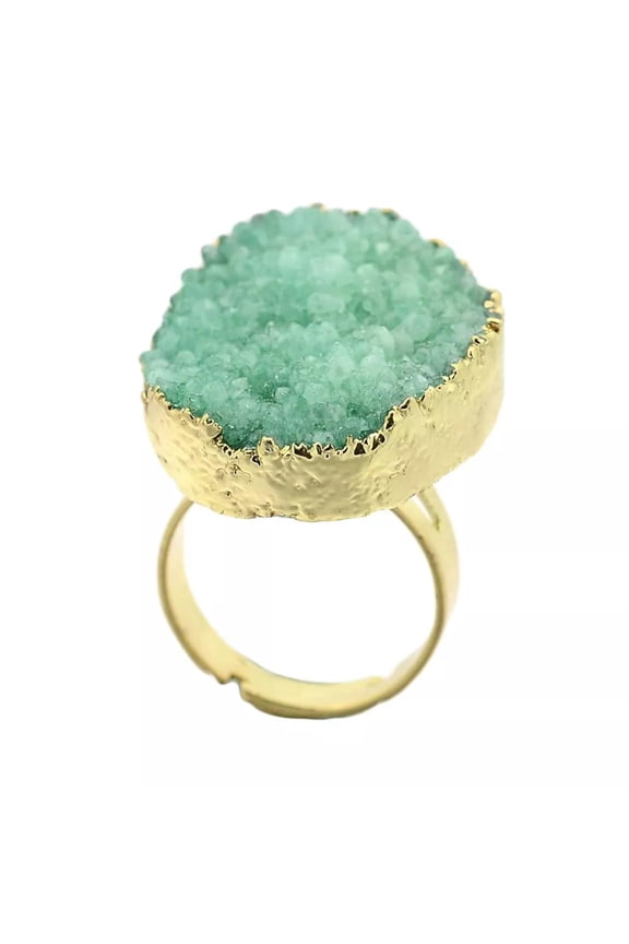 Natural Agate Crystal Electroplate Ring Gold Aquamarine Adjustable 18Mm P390