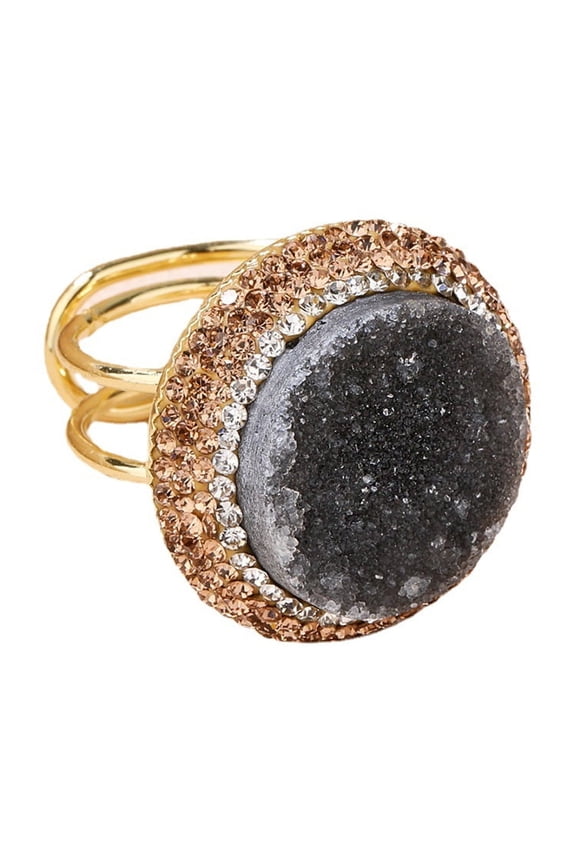 Natural Agate Druzy Adjustable Ring Raw Crystal Geode Round Gold Plated Statement Ring for Women, Boho Healing Jewelry