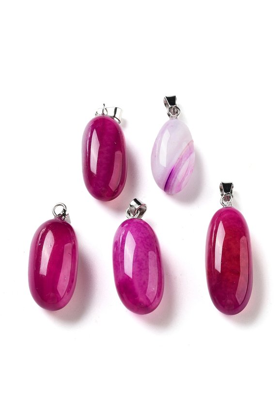 Natural Agate Dyed Pendants Oval Charms with Stainless Steel color Plated Stainless Steel Snap on Bails Fuchsia 21~32x9.5~16.5x10.5x7.5~12.5mm Hole: 6x3mm Natural Agate