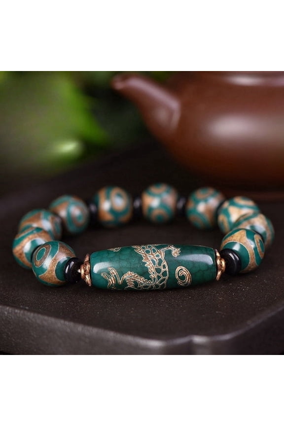 Natural Agate & Dzi Bead Bracelet - Stylish Green and Golden-Accented Large Beaded Design, Perfect for Daily Wear or Travel, Ideal Holiday Gift, Eye Beads, Simple,Agate,Agate