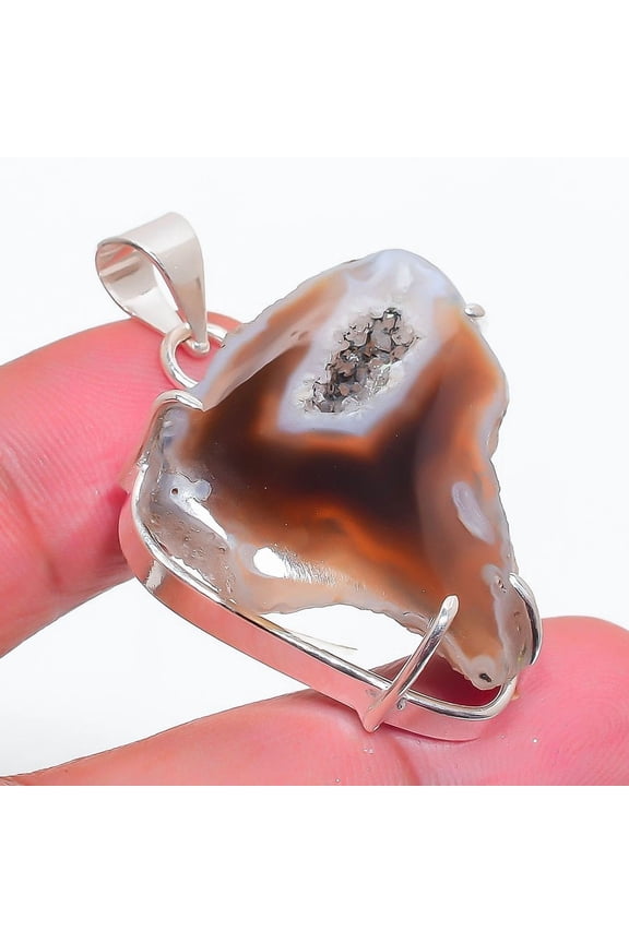 Natural Agate Geode Slice 925 Sterling Silver Jewelry Pendant 1.62"