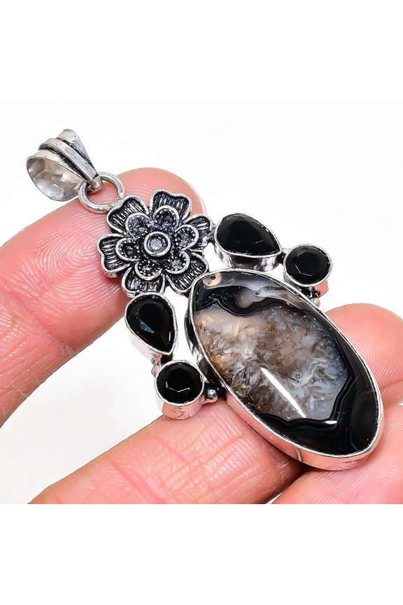 Natural Agate Geode Slice 925 Sterling Silver Jewelry Pendant 2.56"