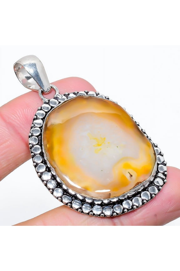Natural Agate Geode Slice Gemstone 925 Sterling Silver Pendant 2.32"
