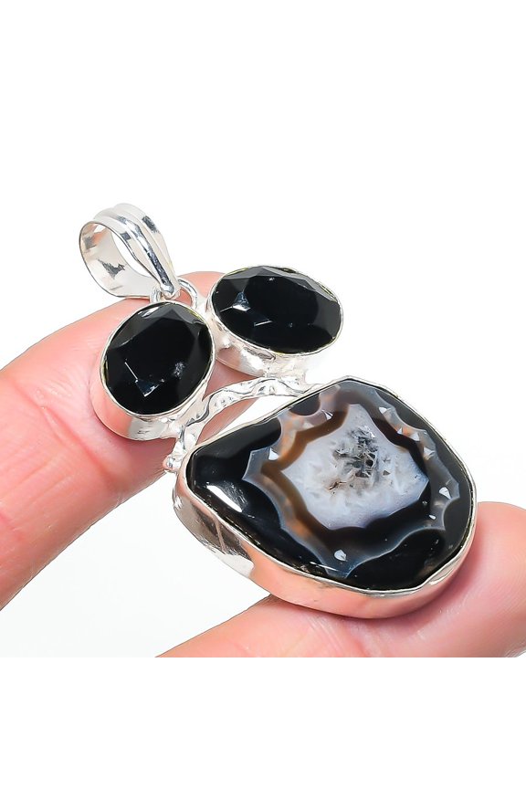 Natural Agate Geode Slice, Spinel 925 Sterling Silver Jewelry Pendant 2.13"