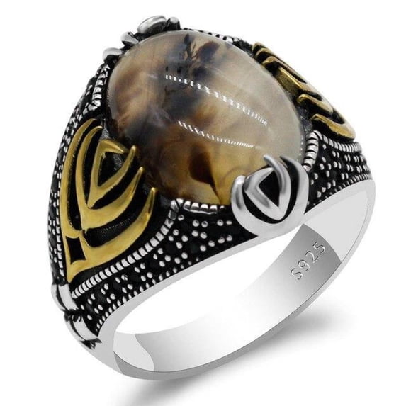 Natural Agate Men Ring 925 Sterling Silver with Big Oval Stone & Black CZ Vintage Rings for Male Peaceful Symbol Turkish Jewelry