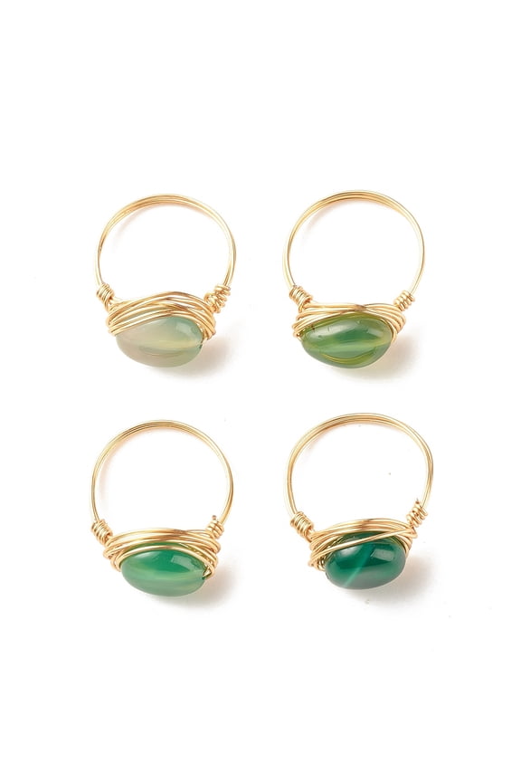 Natural Agate Oval Finger Rings Copper Wire Wrapped Jewelry for Women Inner Diameter: 18.2~18.8mm 4pcs/set