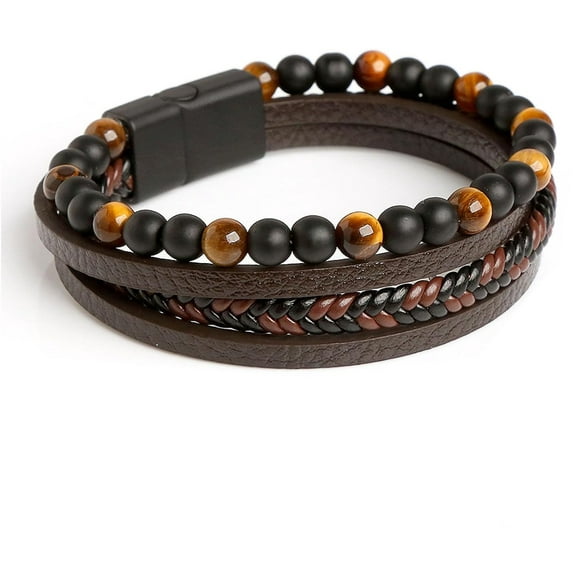 Natural Agate Stone Leather Beaded Bracelet, Beaded Bracelets Leather Bracelet for Men Jewelry Gift