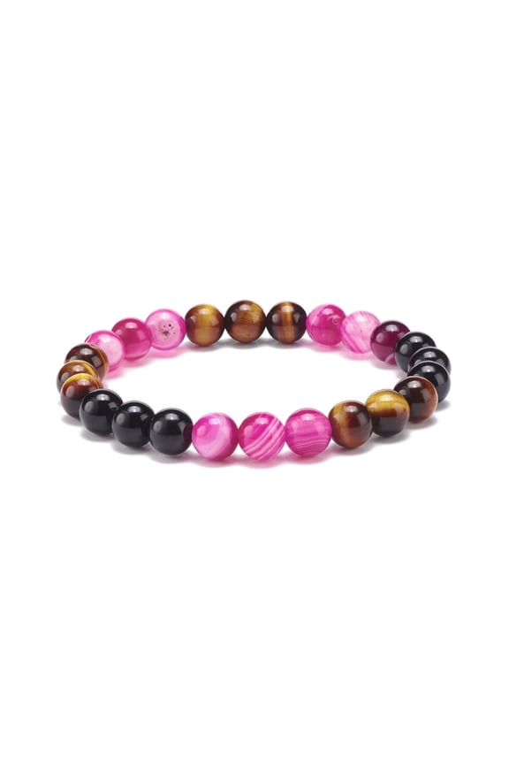 Natural Agate & Tiger Eye(Dyed & Heated) & Black Onyx Round Beaded Stretch Bracelet Gemstone Jewelry for Women Deep Pink Inner Diameter: 2-1/8 inch(5.4cm) Tiger Eye