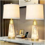 Natural Alabaster Table Lamp Set of 2 With Night Light Nightstand Lamps With USB Ports White Linen Fabric Shade Bedside Lamp Decor For Living Room Bedroom Home Office Hotel Bar House