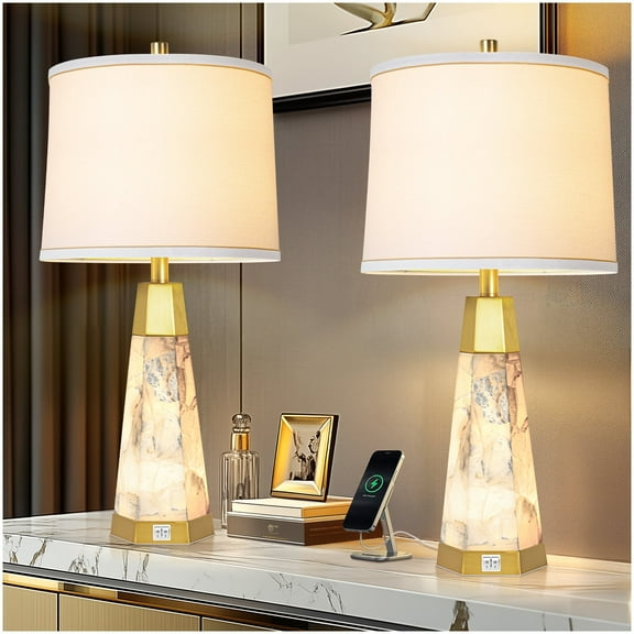 Natural Alabaster Table Lamp Set of 2 With Night Light Nightstand Lamps With USB Ports White Linen Fabric Shade Bedside Lamp Decor For Living Room Bedroom Home Office Hotel Bar House