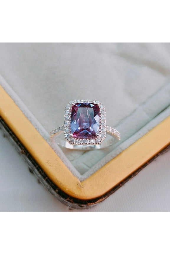 Natural Alexandrite Ring, Lab Certified Alexandrite Ring, 925 Sterling Silver Ring Color Change Stone Ring Cushion Alexandrite Halo Ring ring for gift