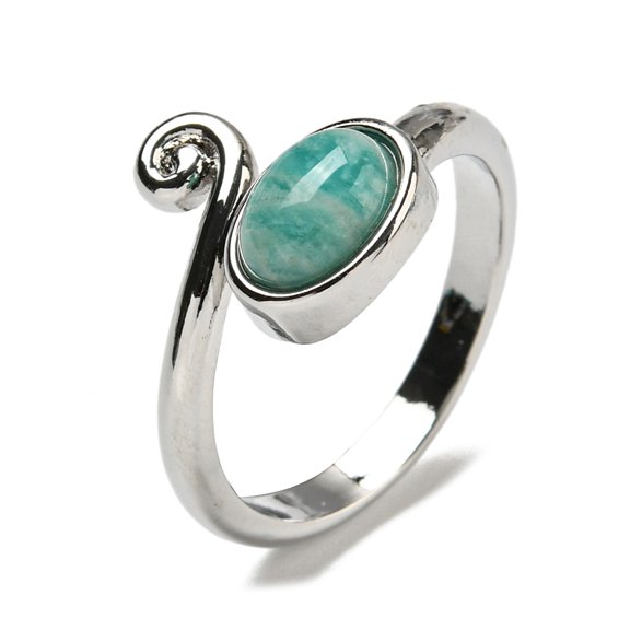Natural Amazonite Adjustable Rings with Platinum Brass Findings Long-Lasting Plated Jewely for Women Oval US Size 8(18.1mm)