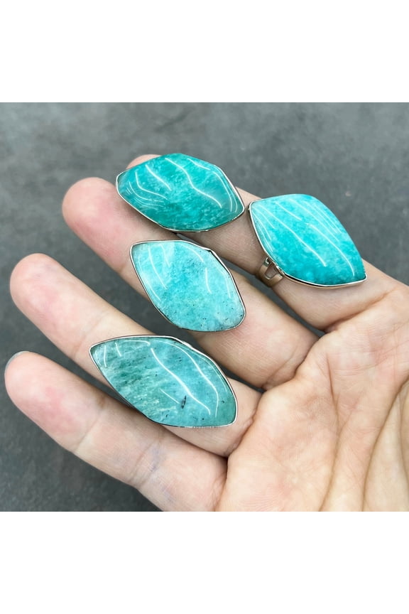 Natural Amazonite Ring with Rough Stone Edging Polished Gemstone Ornament Asymmetric Geometric Natural River Stone Ring Jewelry