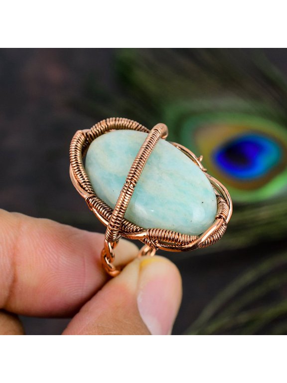 Natural Amazonite Gemstone Handmade Copper Wire Wrap Gift Ring Size 8
