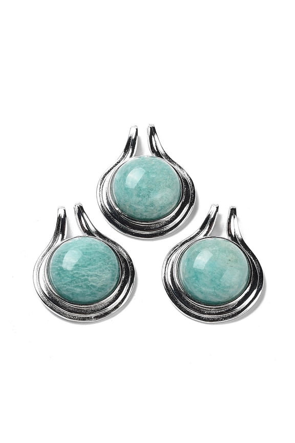 Natural Amazonite Pendants Rack Plating Platinum Plated Brass Half Round Charms Cadmium Free & Lead Free 28x22.5x10mm Hole: 2x4mm