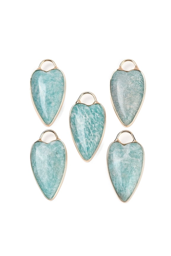Natural Amazonite Pendants with Golden Tone Brass Findings Heart Charms 33.5x17x5.5~6.5mm Hole: 6x5mm DIY