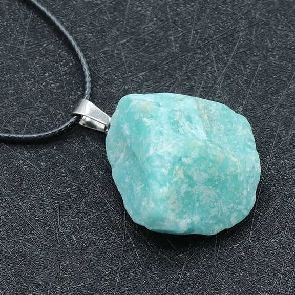 Natural Amazonite Raw Rough Pendant Necklace Black Leather Cord Necklaces for Women 17.72 inch(45cm) DIY