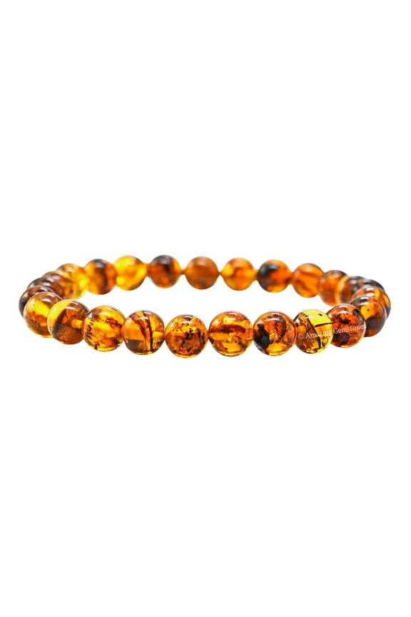 Natural Amber Bracelet - 8mm Beaded Stretch Bracelet and Healing Stones