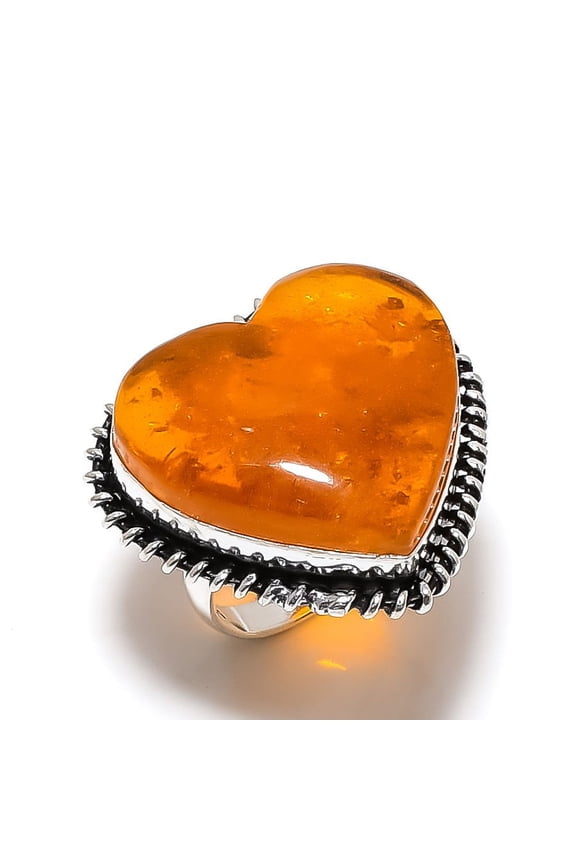 Natural Amber Gemstone Handmade 925 Sterling Silver Jewelry Ring Size 10