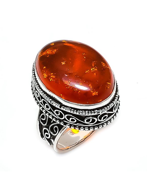 Natural Amber Gemstone Handmade 925 Sterling Silver Jewelry Ring Size 7