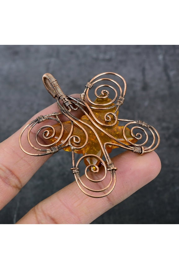 Natural Amber Gemstone Handmade Copper Wire Wrap Gift Jewelry Pendant 2.64"