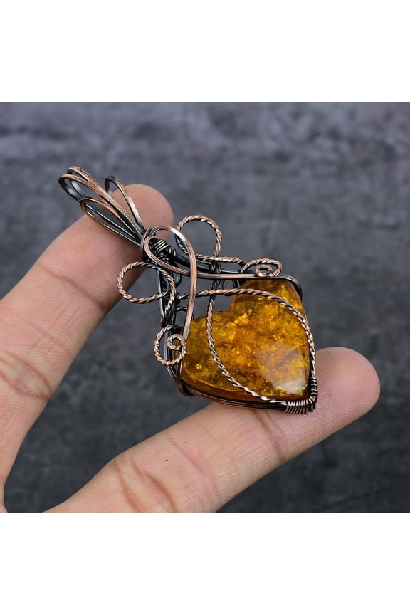 Natural Amber Gemstone Handmade Copper Wire Wrap Gift Jewelry Pendant 2.96"