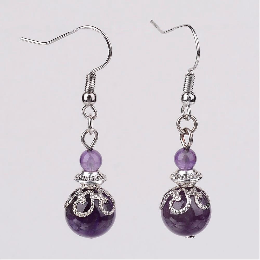 Natural Amethyst Bead Dangle Earrings with Brass Earring Hooks Alloy and Iron Findings Platinum 42mm