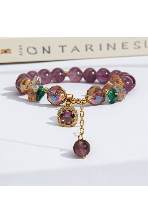 Natural Amethyst Beaded Charm Bracelet, 14K Gold Plated Multi-color Crystal Tassel Drop Bracelet, Genuine Purple Quartz Stone Dainty Stackable Jewelry Gift for Women