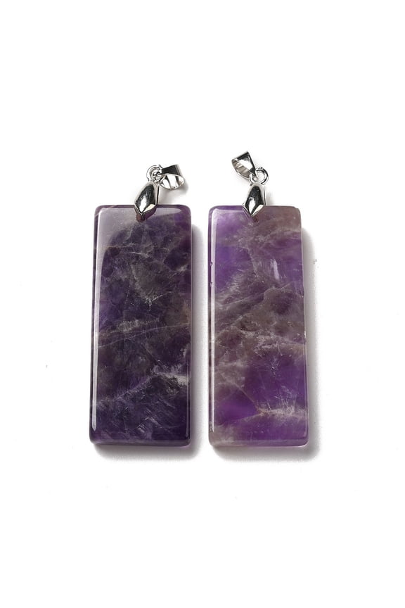 Natural Amethyst Big Pendants Rectangle Charms with Rack Plating Platinum Plated Brass Snap on Bails Lead Free & Cadmium Free 48~51x19~20x6~7.5mm Hole: 5.7x4mm