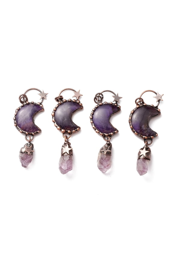 Natural Amethyst Big Pendants with Red Copper Tone Tin Findings Lead & Nickel & Cadmium Free Moon and Bullet 91mm