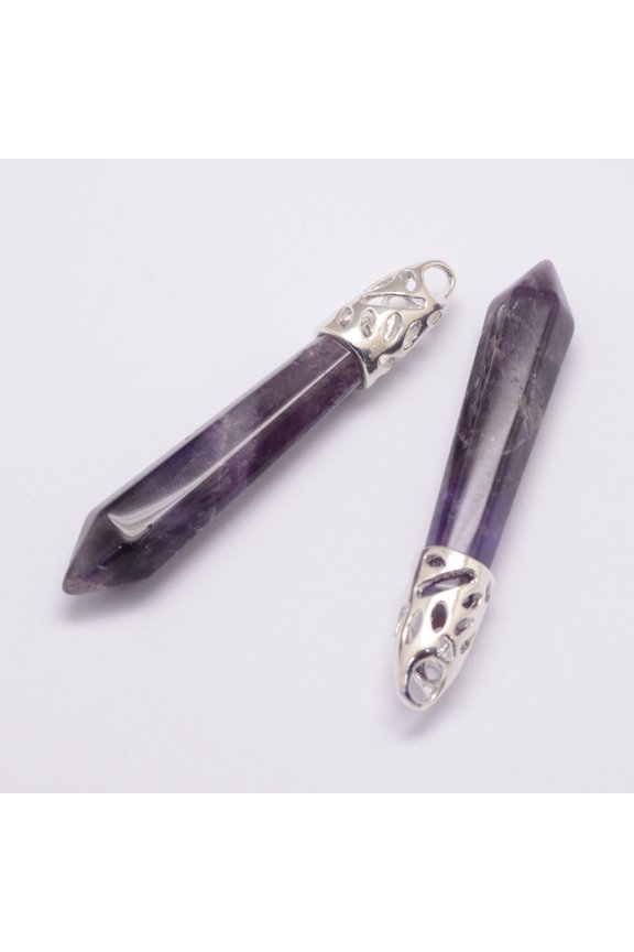 Natural Amethyst Big Pointed Pendants with Alloy Findings Platinum 57~63x13x10mm Hole: 3x4mm DIY