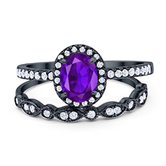 Natural Amethyst Black Tone Silver Size-10 Two Piece Oval Half Eternity Band Vintage Style Halo CZ Wedding Set Engagement Ring 925 Sterling Silver Gifts For Her